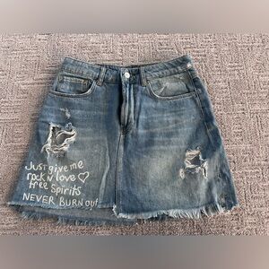 Distressed Denim Skirt with White Embroidery